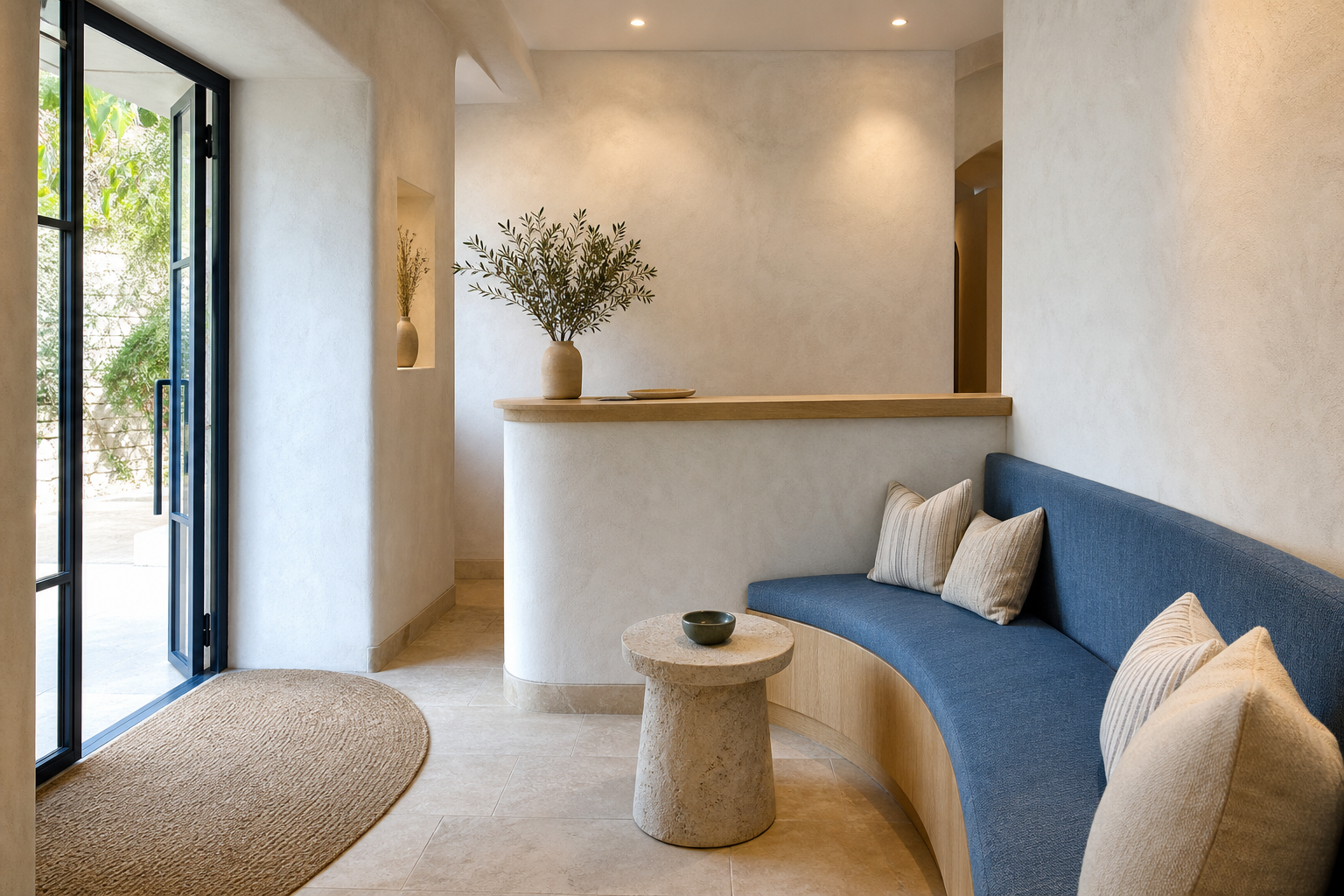 Petit espace d’accueil avec banquette azur, tablette en bois pâle et murs clairs