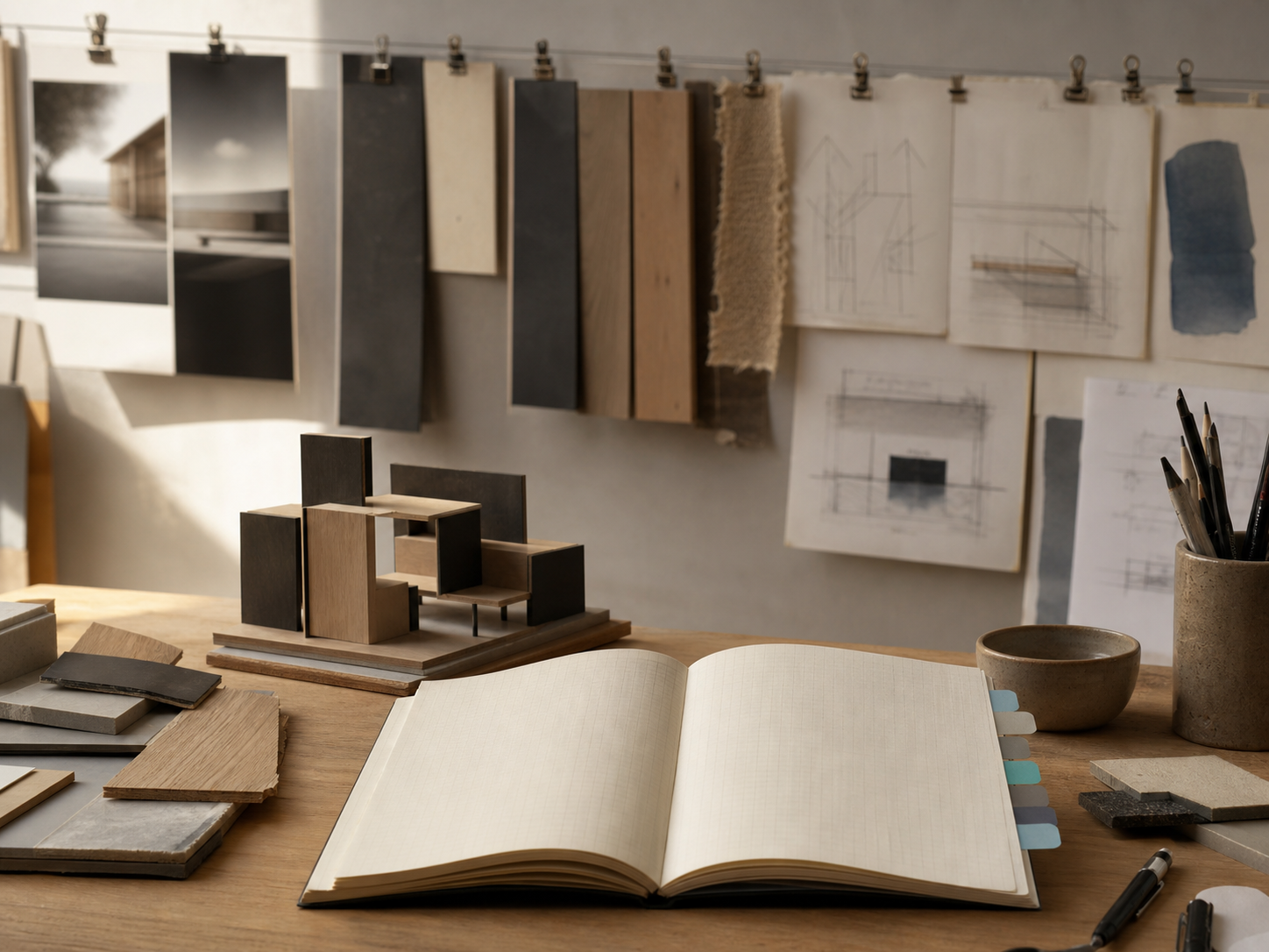 Carnet de projet avec maquette, échantillons et mur de studio