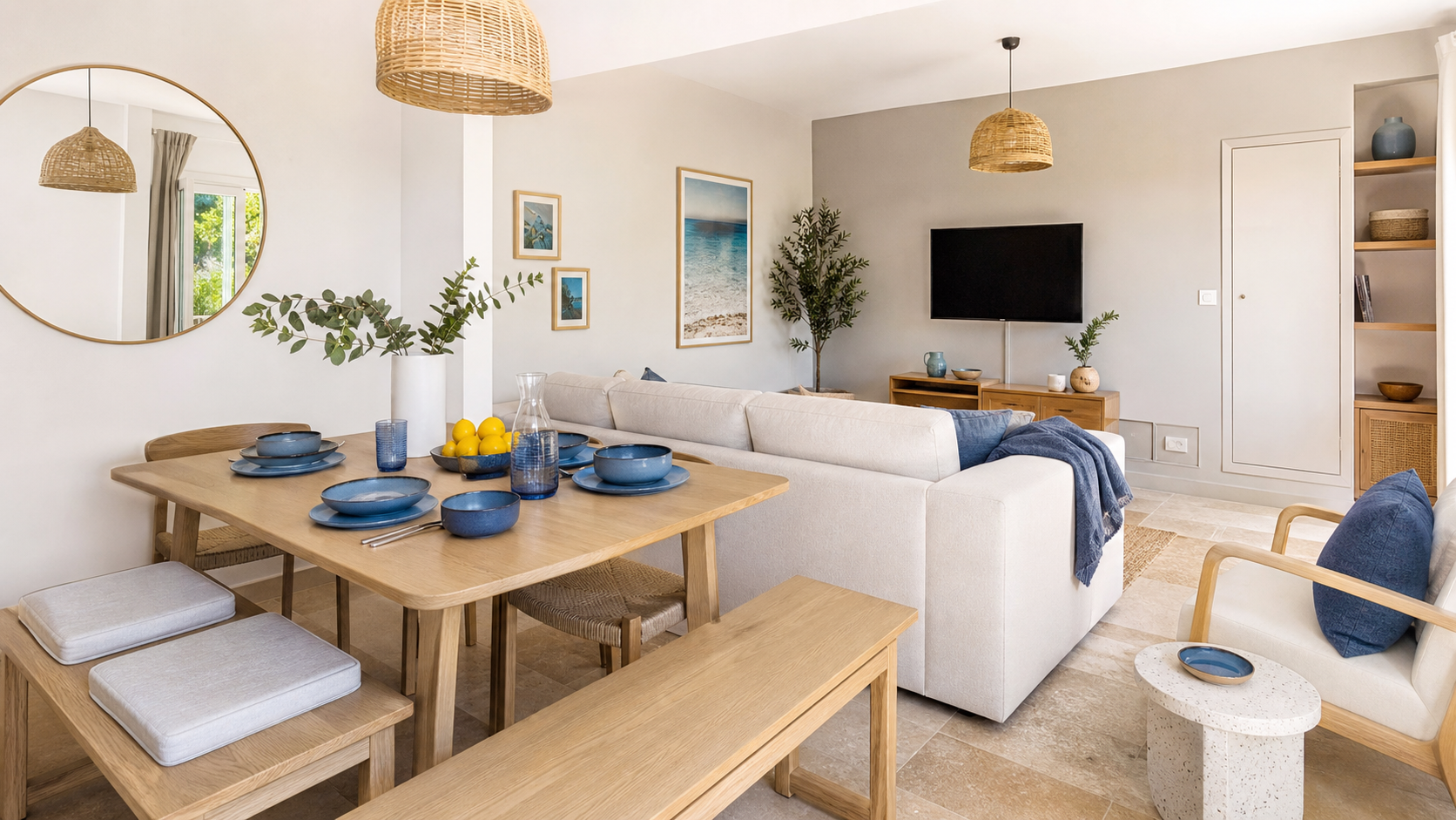 Séjour et coin repas compacts avec mobilier durable et accents azur