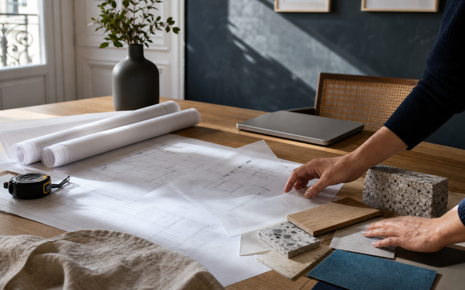 Table de travail avec plans, mètre et échantillons de matériaux