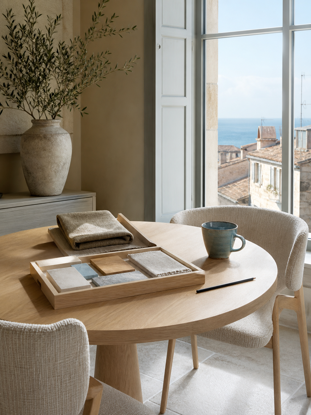 Table de consultation avec échantillons, chaises et lumière de fenêtre