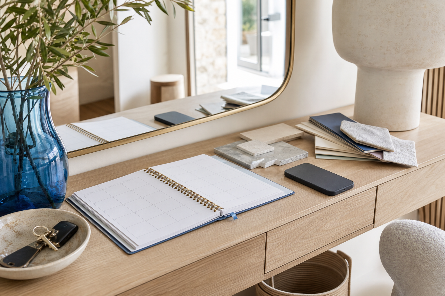 Console claire avec carnet de rendez-vous, échantillons et vase azur