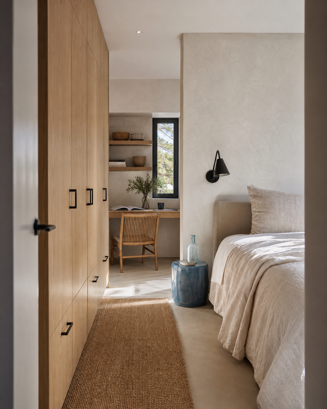 Chambre compacte avec rangements intégrés en chêne pâle et niche de travail